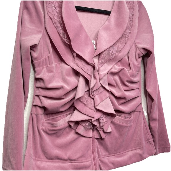Y2K Pink‎ Ruffle Lace Velour Zip Up Size Small Coquette Dollcore Softgirl - Picture 6 of 12